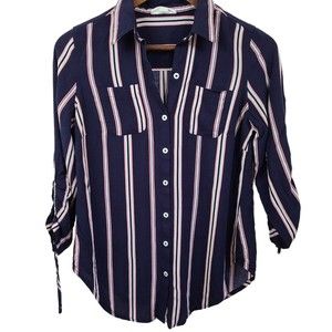 Westport Blue Striped Buttonfront Shirt Rouched Sleeve XS